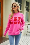 lip graphic slit dropped shoulder round neck sweater