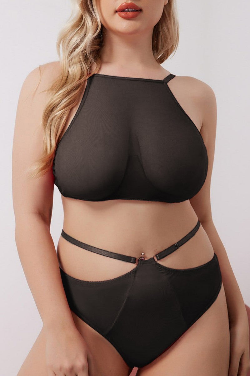Sexy Solid See-through Backless O Neck Plus Size Underwear Set
