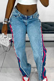 Street Patchwork Pocket Buttons Zipper Mid Waist Straight Denim Jeans