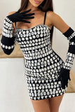 Casual Patchwork Backless Rhinestone Spaghetti Strap Mesh Dress (With Sleeves)
