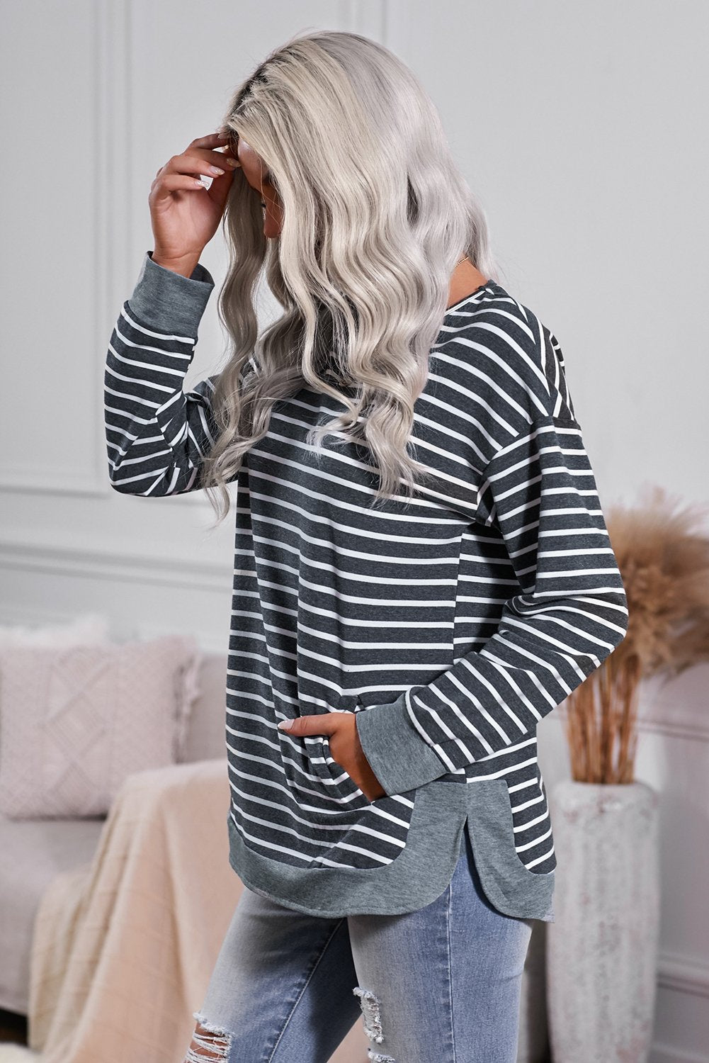 striped drop shoulder sweatshirt with pocket
