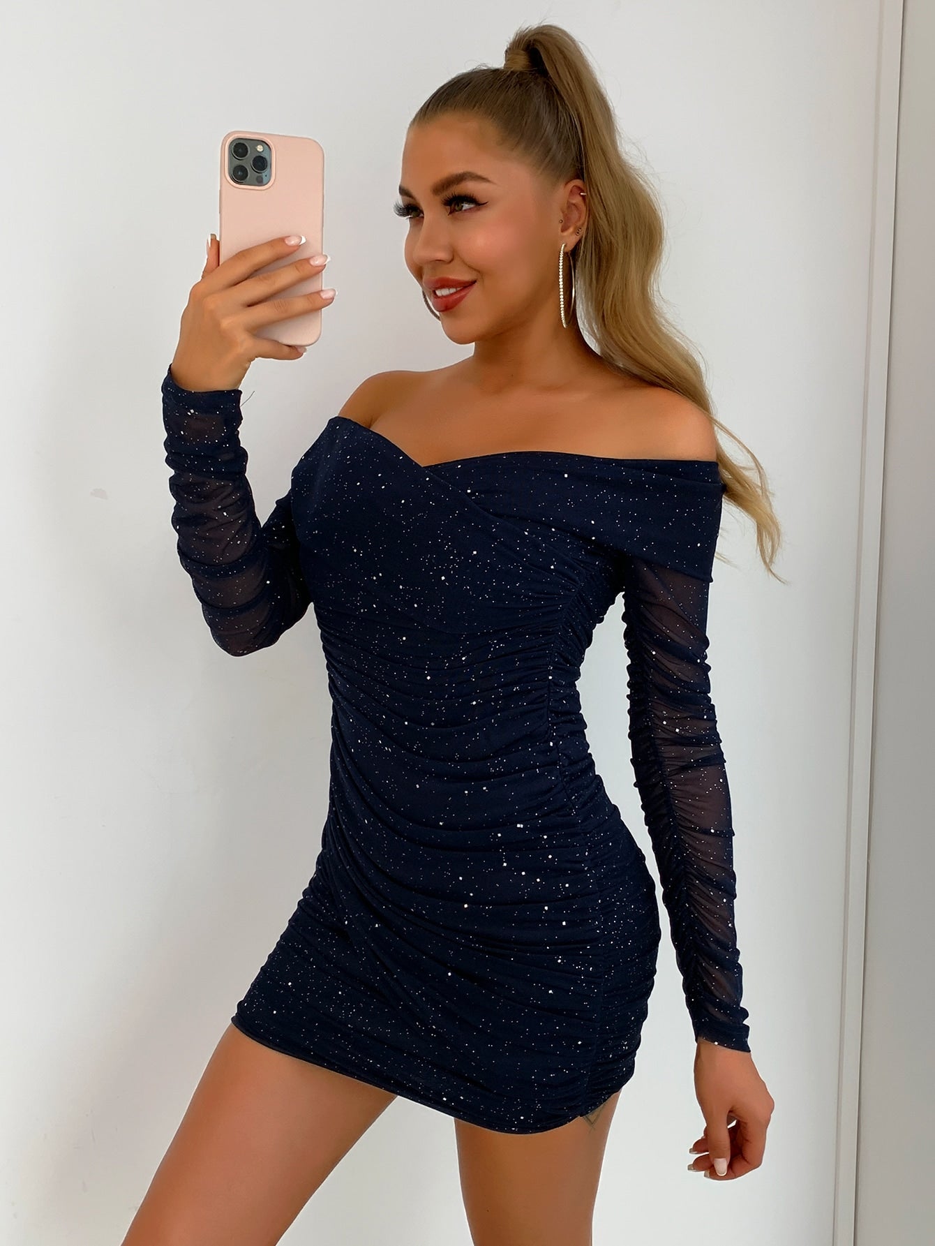 glitter off shoulder ruched bodycon dress