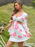 floral cutout layered split sleeve dress