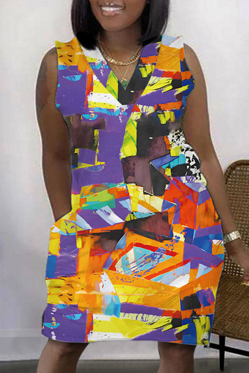 Casual Print Patchwork V Neck Sleeveless Dress Dresses