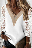 Sweet Elegant Solid Lace Hollowed Out Patchwork Pullovers V Neck Tops