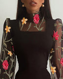 Floral Embroidery Mesh Patch Lantern Sleeve Bodysuit