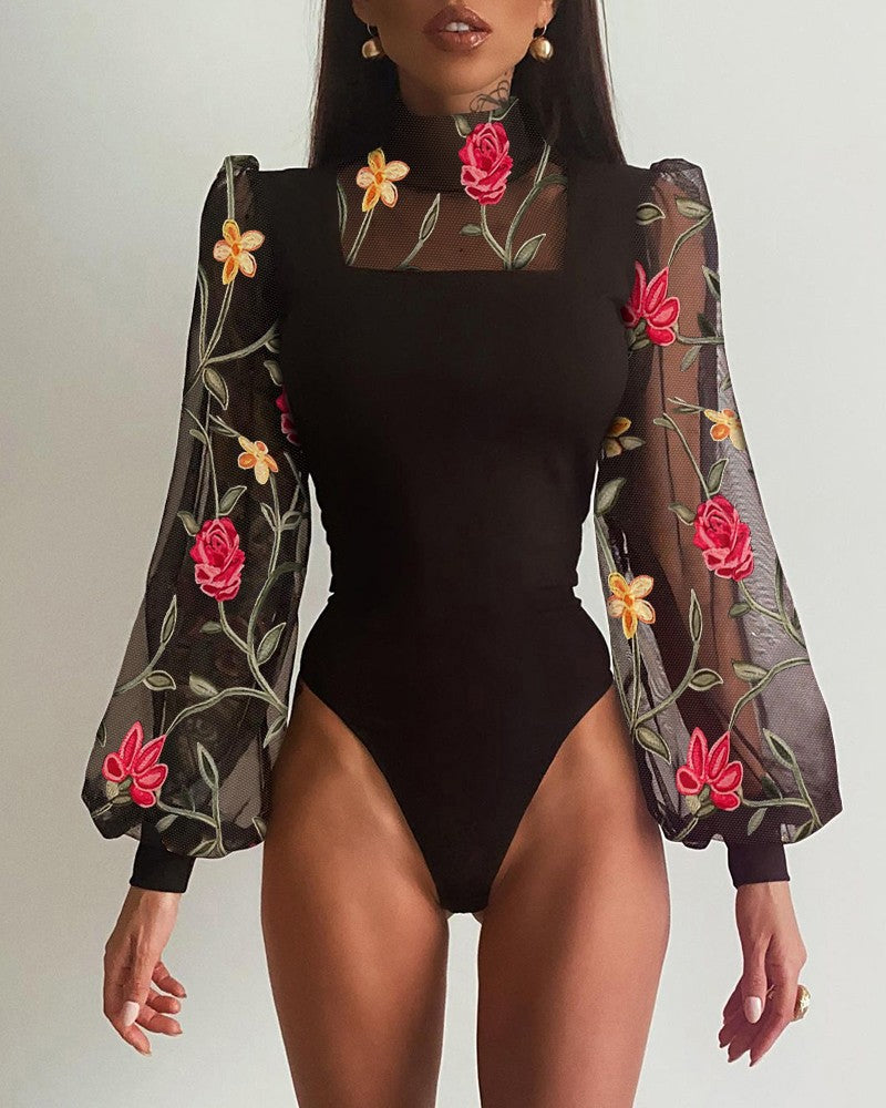 Floral Embroidery Mesh Patch Lantern Sleeve Bodysuit