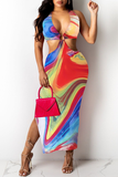 Sexy Print Hollowed Out Halter Pencil Skirt Dresses