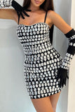 Casual Patchwork Backless Rhinestone Spaghetti Strap Mesh Dress (With Sleeves)