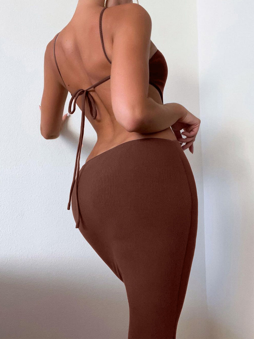 halter backless ribbed lace up bodycon maxi dress