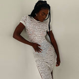 o neck lace embroidery high split bodycon midi dress