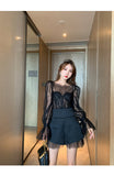 french retro lace up sleeves mini skirt two piece dress