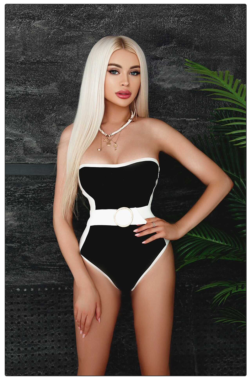 strapless belted design contrast color one piece