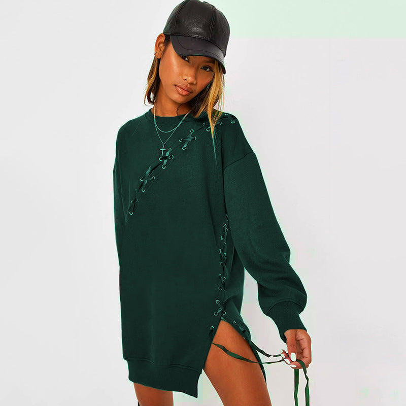 r round neck pullover stitching lace up long sleeve dress