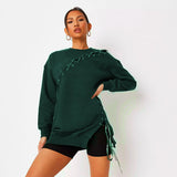 r round neck pullover stitching lace up long sleeve dress