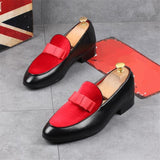 bow design leather slip on mid heel loafers