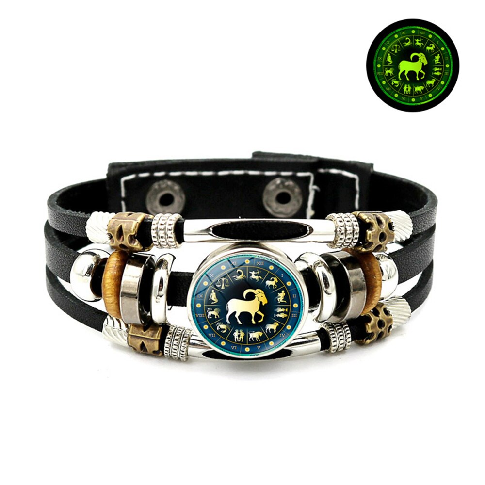 12 constellation black leather zodiac sign bracelet