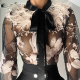 floral bowknot lace up mesh blouse