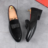 bow design leather slip on mid heel loafers