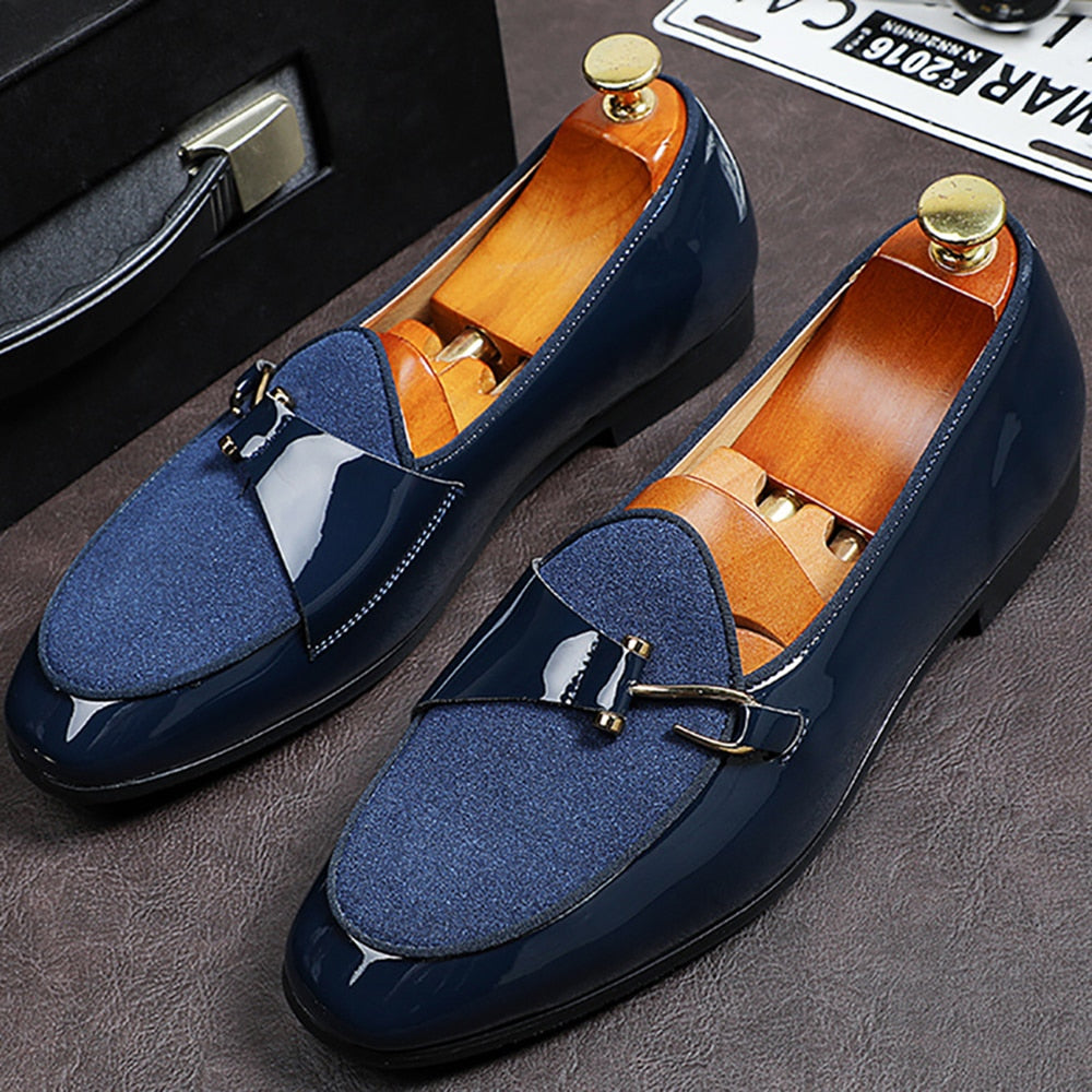 patent leather stitching suede metal hook decoration loafers