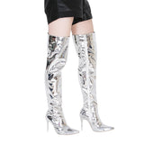 silver mirror pointed toe thigh high boots