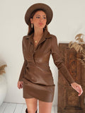 faux leather turn down collar button shrug long sleeve dress