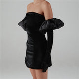 strapless puff sleeve gloves party dress