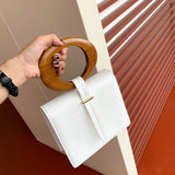 round wood handle flap square pu handbag