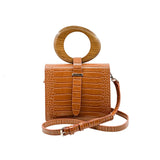 round wood handle flap square pu handbag
