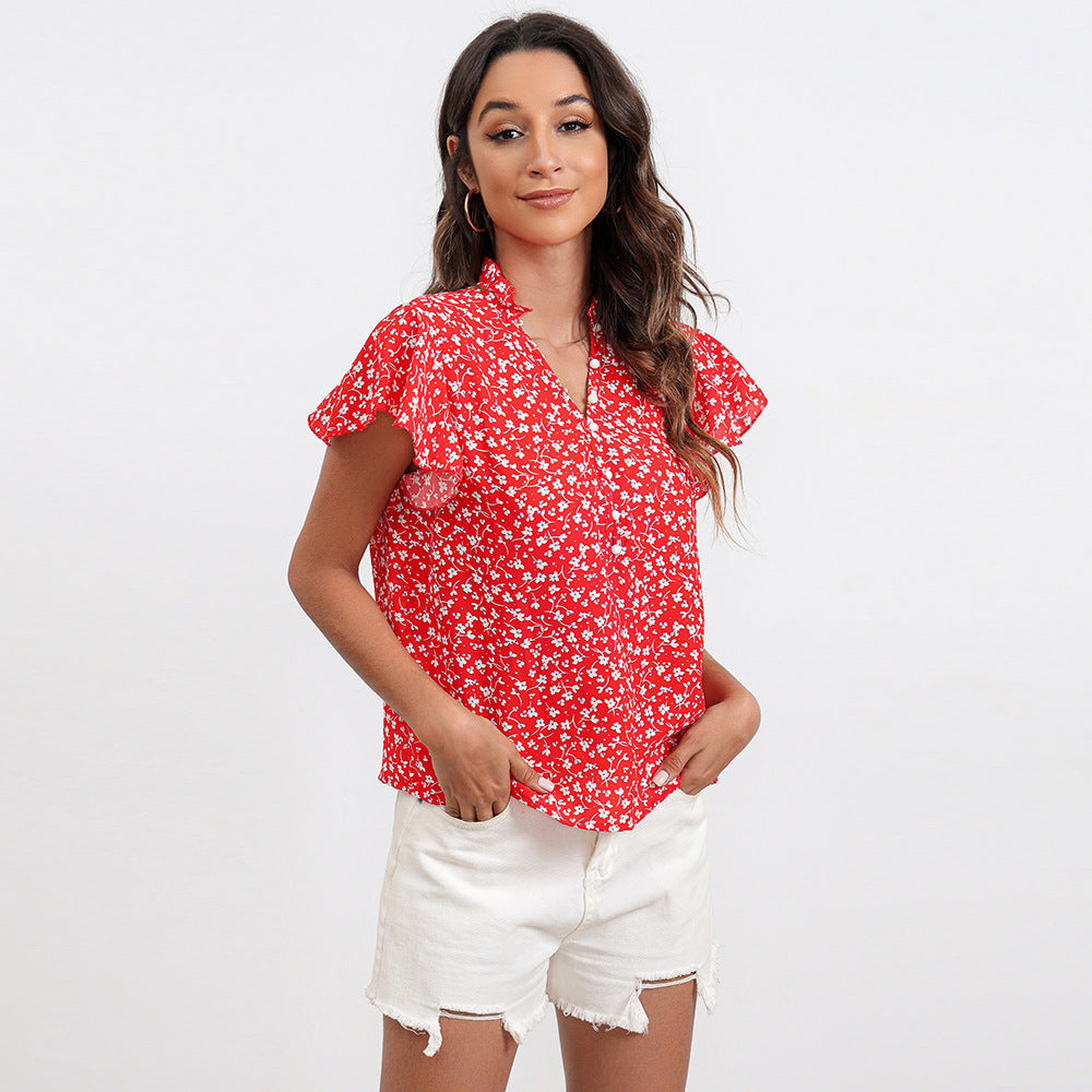 ditsy floral half button down flutter sleeve top