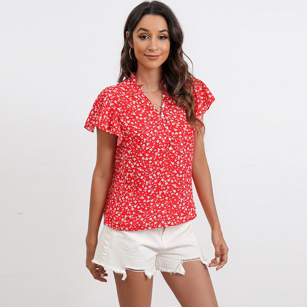 ditsy floral half button down flutter sleeve top