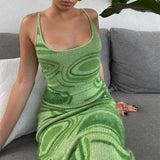print knit hollow out sleeveless spaghetti strap bodycon dress