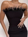 strapless backless feather detail midi dress