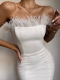 strapless backless feather detail midi dress