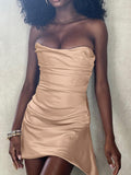 strapless satin ruched cascading dress