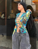 multicolor swirl hollow out bell sleeves crop top