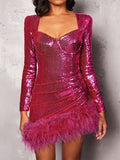square collared sequined feather mini dress