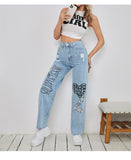 letter print hole washed streetwear jeans