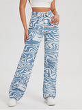 swirl stripe printing straight loose jeans