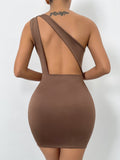 cut out backless one shoulder sleeve slit ruched bodycon dress