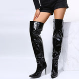 silver mirror pointed toe thigh high boots