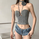 halter lace up with rose strapless crop top