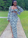 zebra print lace up crop top side slit high waist maxi skirt