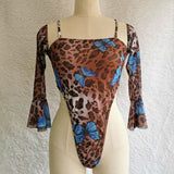 high cut leopard monokini ruffle long sleeve bodysuit