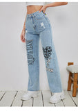 letter print hole washed streetwear jeans