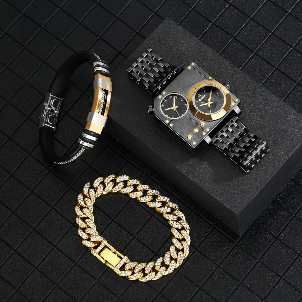 3pcs black quartz watch with bracelet gift set