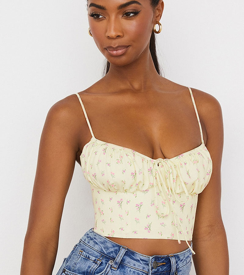 floral ruched tie front crop top