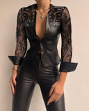 pu leather sheer sleeve with buttoned shirt