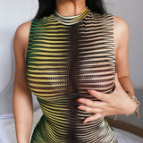 stripe mesh bodycon vest dress