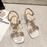 flowers rhinestone open square toe heeled sandals